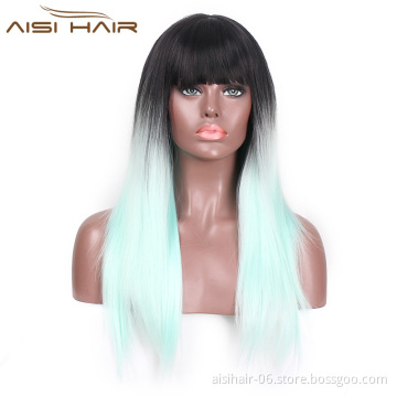 Aisi Hair Top Quality Cheap Synthetic Long Straight Wig With Neat Bangs Ombre Blue Color Heat Resistant Wigs For Black Women